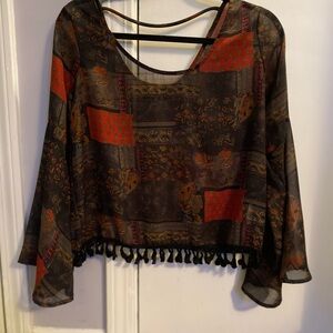 Romeo & Juliet Couture Multicolor Bell Sleeve Sheer Blouse with Tassels